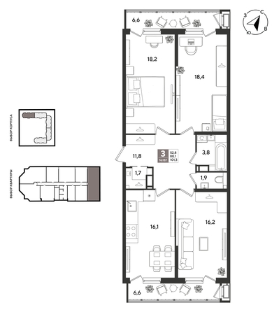 
  Продается 3-комн. квартира 101.3 м², в ЖК Рекорд 2, литера 1. Фото 1.