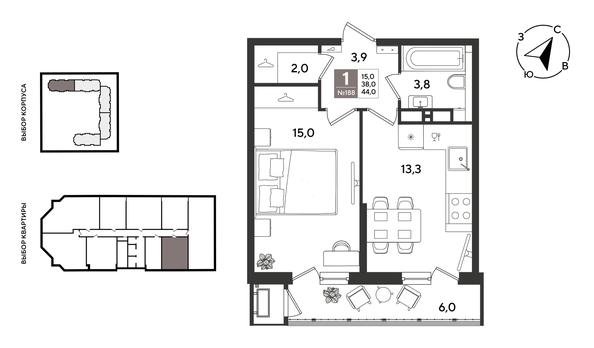 
  Продается 1-комн. квартира 44.1 м², в ЖК Рекорд 2, литера 1. Фото 1.