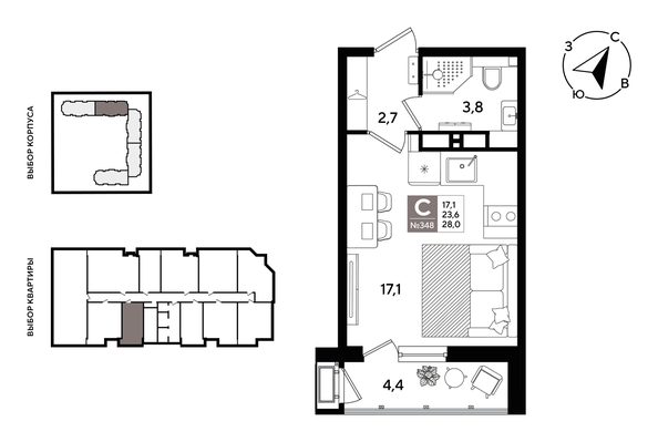
  Продается студия 28 м², в ЖК Рекорд 2, литера 1. Фото 1.