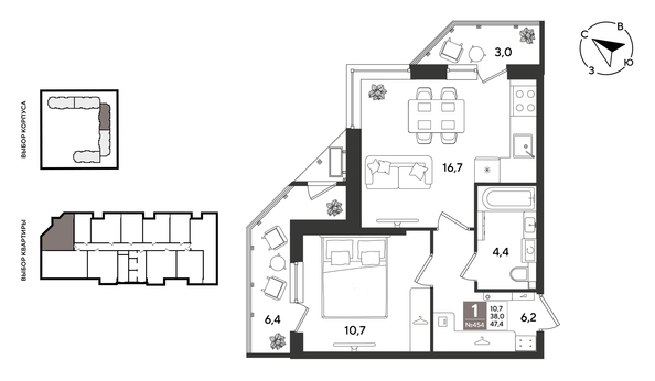 
  Продается 1-комн. квартира 47.4 м², в ЖК Рекорд 2, литера 1. Фото 1.