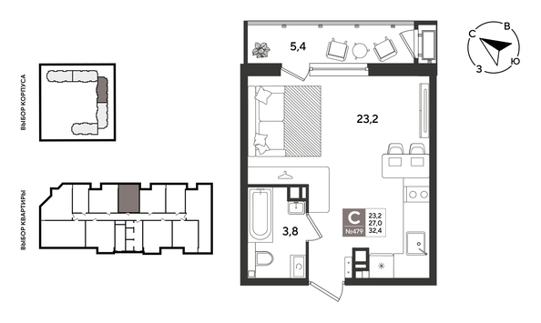 
  Продается студия 32.4 м², в ЖК Рекорд 2, литера 1. Фото 1.