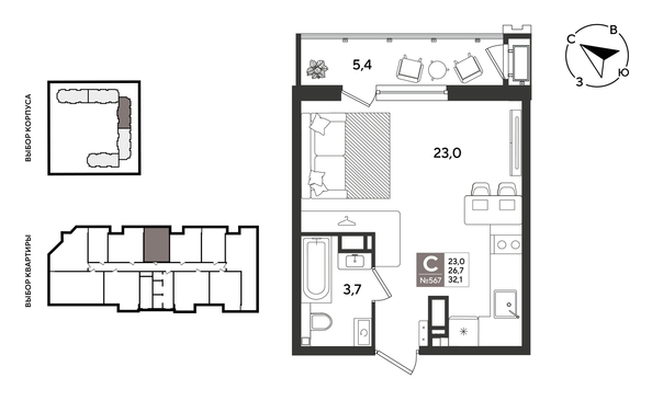 
  Продается студия 32.1 м², в ЖК Рекорд 2, литера 1. Фото 1.