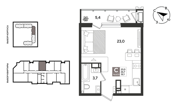
  Продается студия 32.1 м², в ЖК Рекорд 2, литера 1. Фото 1.