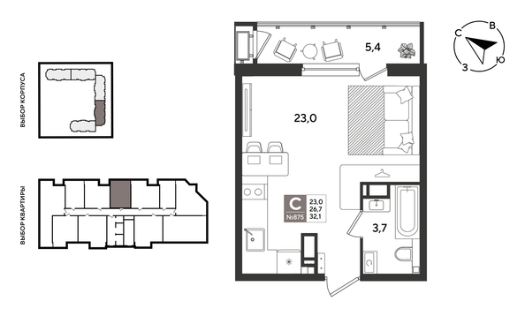 
  Продается студия 32.1 м², в ЖК Рекорд 2, литера 1. Фото 1.