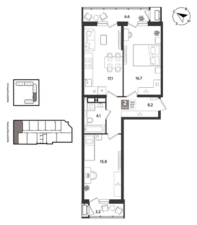 
  Продается 2-комн. квартира 71.7 м², в ЖК Рекорд 2, литера 1. Фото 1.