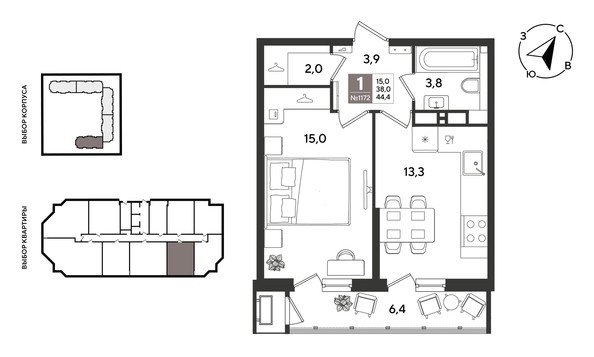 
  Продается 1-комн. квартира 44.4 м², в ЖК Рекорд 2, литера 1. Фото 1.