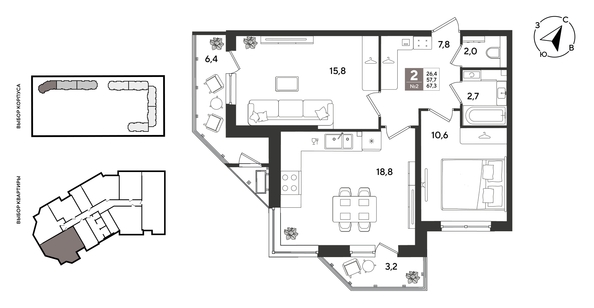 
  Продается 2-комн. квартира 67.3 м², в ЖК Рекорд 2, литера 2. Фото 1.