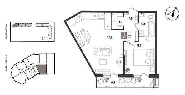 
  Продается 1-комн. квартира 56.4 м², в ЖК Рекорд 2, литера 2. Фото 1.