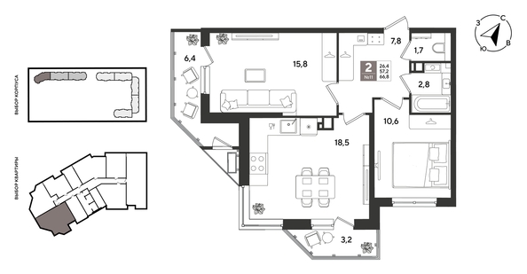 
  Продается 2-комн. квартира 66.8 м², в ЖК Рекорд 2, литера 2. Фото 1.