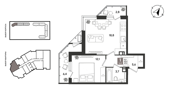
  Продается 1-комн. квартира 49.4 м², в ЖК Рекорд 2, литера 2. Фото 1.