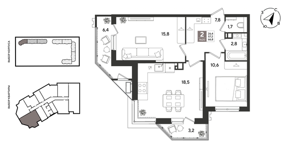 
  Продается 2-комн. квартира 66.8 м², в ЖК Рекорд 2, литера 2. Фото 1.