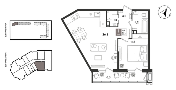 
  Продается 1-комн. квартира 55.9 м², в ЖК Рекорд 2, литера 2. Фото 1.