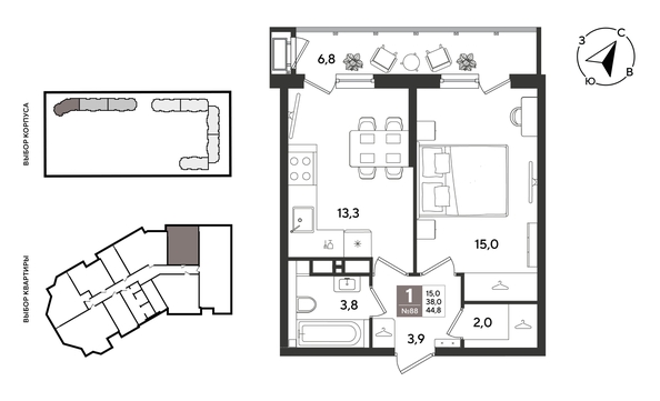 
  Продается 1-комн. квартира 44.8 м², в ЖК Рекорд 2, литера 2. Фото 1.