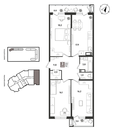 
  Продается 3-комн. квартира 98.1 м², в ЖК Рекорд 2, литера 2. Фото 1.
