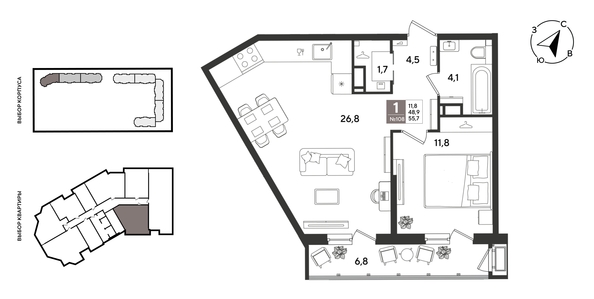 
  Продается 1-комн. квартира 55.7 м², в ЖК Рекорд 2, литера 2. Фото 1.