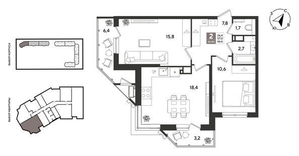 
  Продается 2-комн. квартира 66.6 м², в ЖК Рекорд 2, литера 2. Фото 1.