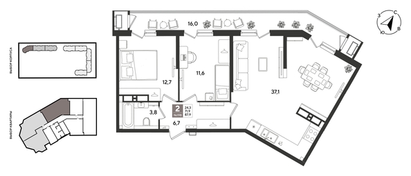 
  Продается 2-комн. квартира 87.9 м², в ЖК Рекорд 2, литера 2. Фото 1.