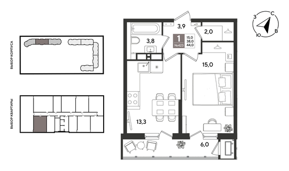 
  Продается 1-комн. квартира 44.2 м², в ЖК Рекорд 2, литера 2. Фото 1.