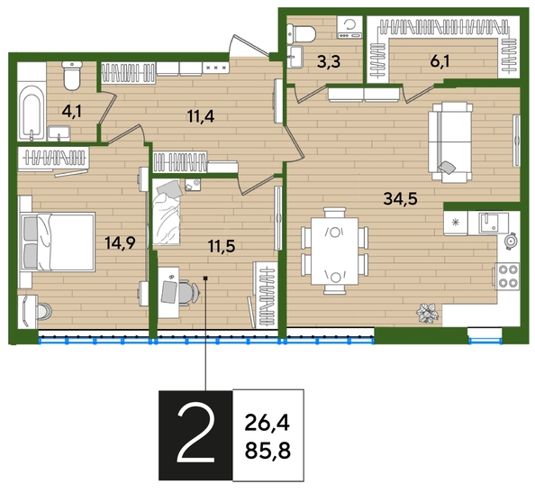 
  Продается 2-комн. квартира 85.8 м², в ЖК ДОГМА ПАРК, литера 9. Фото 1.