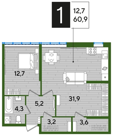 
  Продается 1-комн. квартира 60.9 м², в ЖК ДОГМА ПАРК, литера 11. Фото 1.