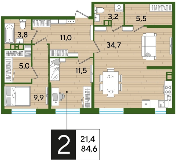 
  Продается 2-комн. квартира 84.6 м², в ЖК ДОГМА ПАРК, литера 11. Фото 1.