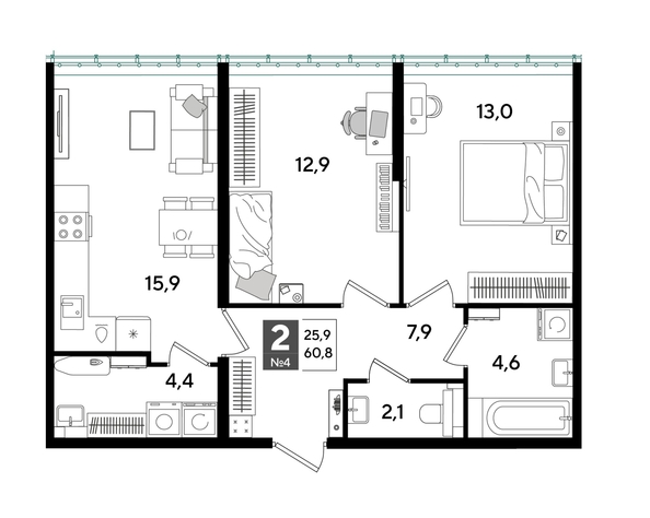
  Продается 2-комн. квартира 60.8 м², в ЖК ДОГМА ПАРК, лит 13. Фото 1.
