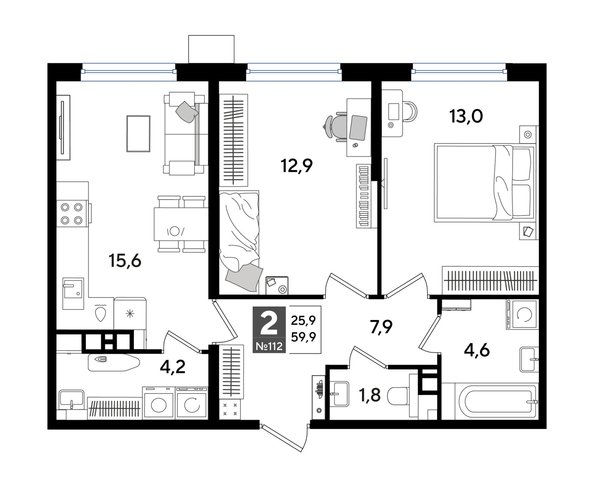 
  Продается 2-комн. квартира 59.9 м², в ЖК ДОГМА ПАРК, лит 13. Фото 1.