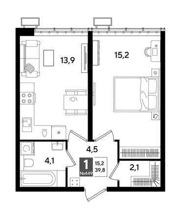
  Продается 1-комн. квартира 39.8 м², в ЖК ДОГМА ПАРК, лит 13. Фото 1.