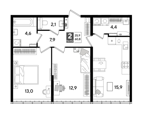 
  Продается 2-комн. квартира 60.8 м², в ЖК ДОГМА ПАРК, лит 13. Фото 1.