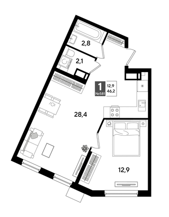 
  Продается 1-комн. квартира 46.2 м², в ЖК ДОГМА ПАРК, лит 13. Фото 1.