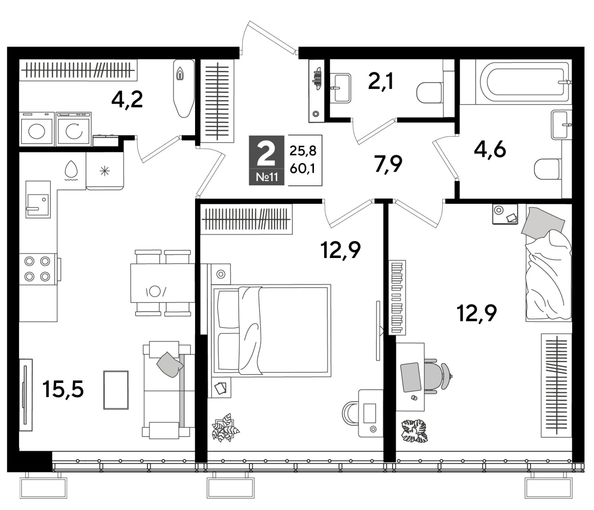 
  Продается 2-комн. квартира 60.1 м², в ЖК ДОГМА ПАРК, литера 15. Фото 1.