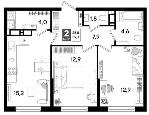 
  Продается 2-комн. квартира 59.3 м², в ЖК ДОГМА ПАРК, литера 15. Фото 1.
