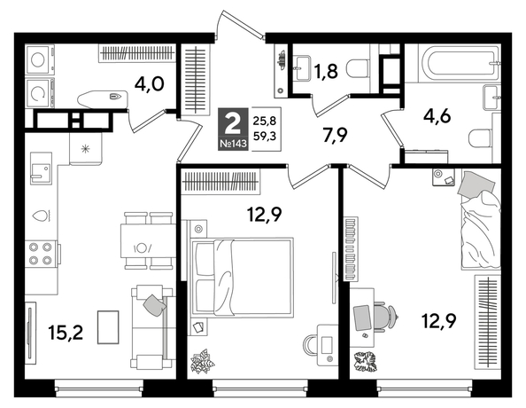 
  Продается 2-комн. квартира 59.3 м², в ЖК ДОГМА ПАРК, литера 15. Фото 1.