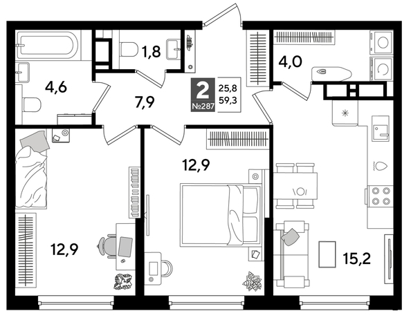 
  Продается 2-комн. квартира 59.3 м², в ЖК ДОГМА ПАРК, литера 15. Фото 1.