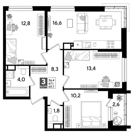 
  Продается 3-комн. квартира 69.7 м², в ЖК ДОГМА ПАРК, литера 15. Фото 1.