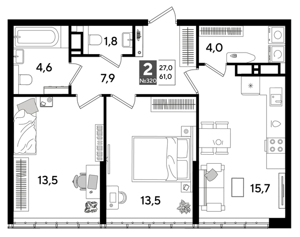 
  Продается 2-комн. квартира 61 м², в ЖК ДОГМА ПАРК, литера 15. Фото 1.