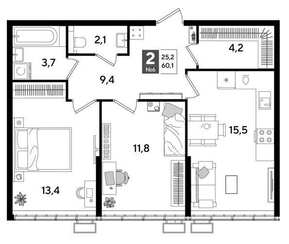 
  Продается 2-комн. квартира 60.1 м², в ЖК ДОГМА ПАРК, литера 16. Фото 1.