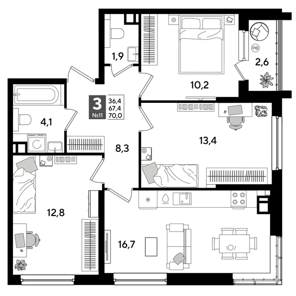 
  Продается 3-комн. квартира 70 м², в ЖК ДОГМА ПАРК, литера 16. Фото 1.