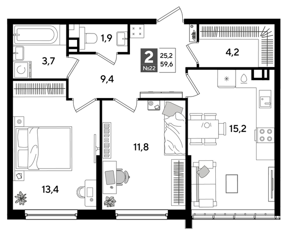 
  Продается 2-комн. квартира 59.6 м², в ЖК ДОГМА ПАРК, литера 16. Фото 1.