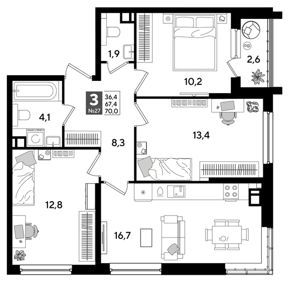 
  Продается 3-комн. квартира 70 м², в ЖК ДОГМА ПАРК, литера 16. Фото 1.