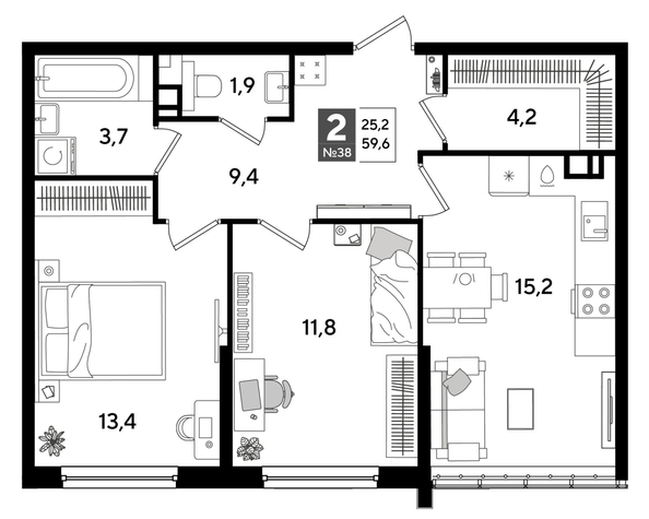
  Продается 2-комн. квартира 59.6 м², в ЖК ДОГМА ПАРК, литера 16. Фото 1.