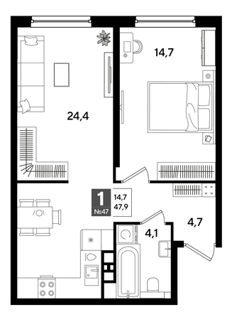 
  Продается 1-комн. квартира 47.9 м², в ЖК ДОГМА ПАРК, литера 16. Фото 1.