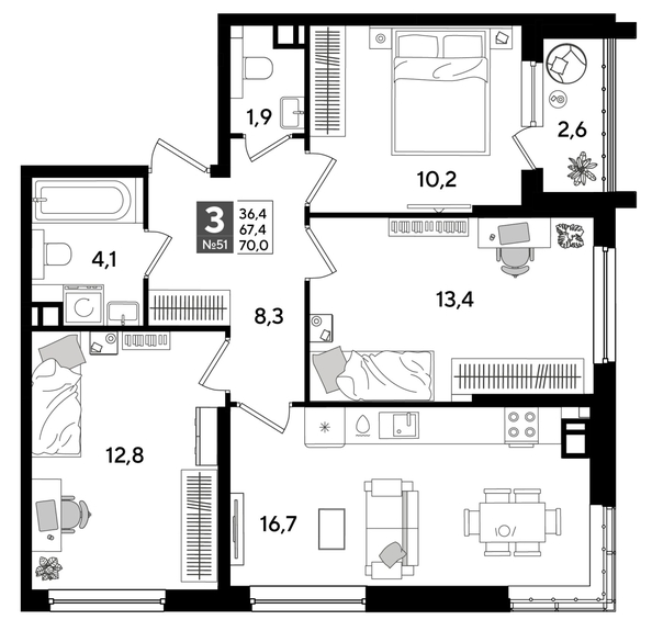 
  Продается 3-комн. квартира 70 м², в ЖК ДОГМА ПАРК, литера 16. Фото 1.