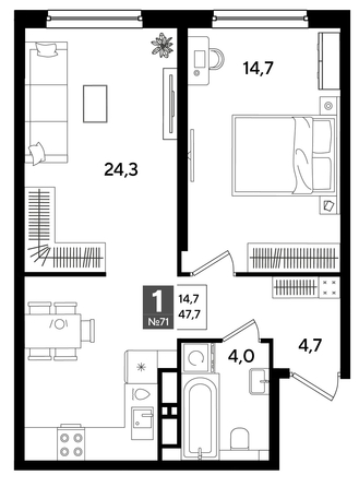 
  Продается 1-комн. квартира 47.7 м², в ЖК ДОГМА ПАРК, литера 16. Фото 1.