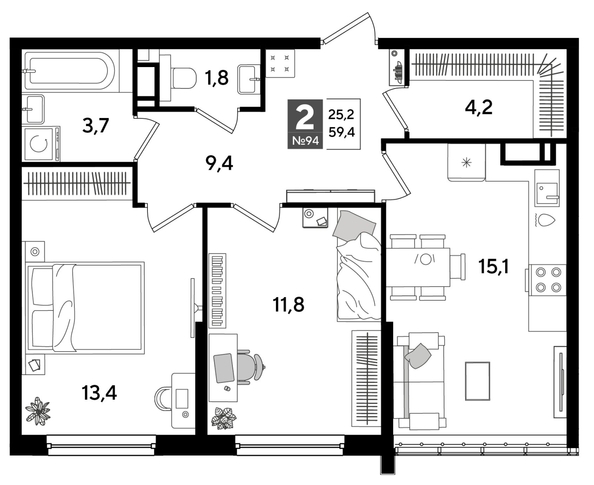 
  Продается 2-комн. квартира 59.4 м², в ЖК ДОГМА ПАРК, литера 16. Фото 1.