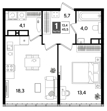 
  Продается 1-комн. квартира 45.5 м², в ЖК ДОГМА ПАРК, литера 16. Фото 1.