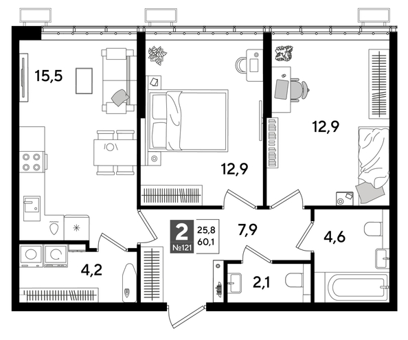 
  Продается 2-комн. квартира 60.1 м², в ЖК ДОГМА ПАРК, литера 16. Фото 1.