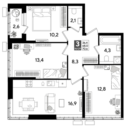 
  Продается 3-комн. квартира 70.6 м², в ЖК ДОГМА ПАРК, литера 16. Фото 1.
