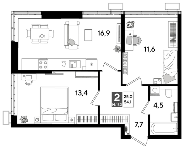 
  Продается 2-комн. квартира 54.1 м², в ЖК ДОГМА ПАРК, литера 16. Фото 1.
