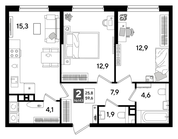 
  Продается 2-комн. квартира 59.6 м², в ЖК ДОГМА ПАРК, литера 16. Фото 1.
